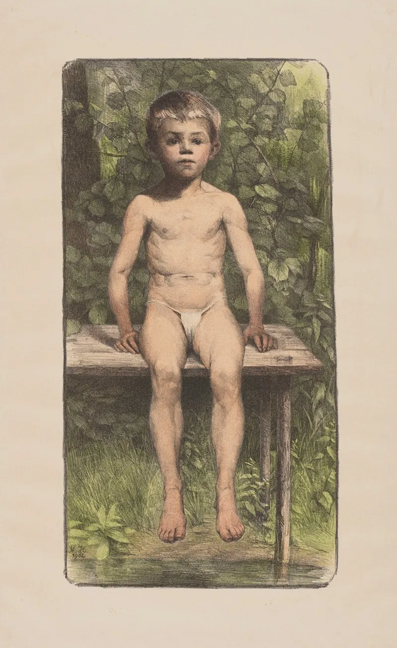 Nude Boy Sitting On A Bench In A Gazebo Wall Art by Martha Heydenbluth - High-Resolution Digital Print
