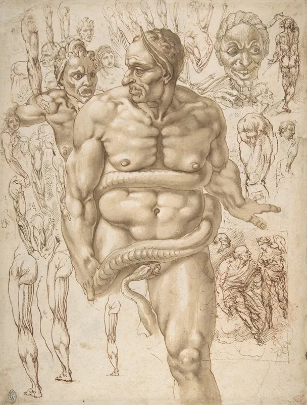 Nude Demon Encircled By A Serpent After Michelangelos Last Judgment Wall Art by Giovanni Ambrogio Figino - High-Resolution Digital Print