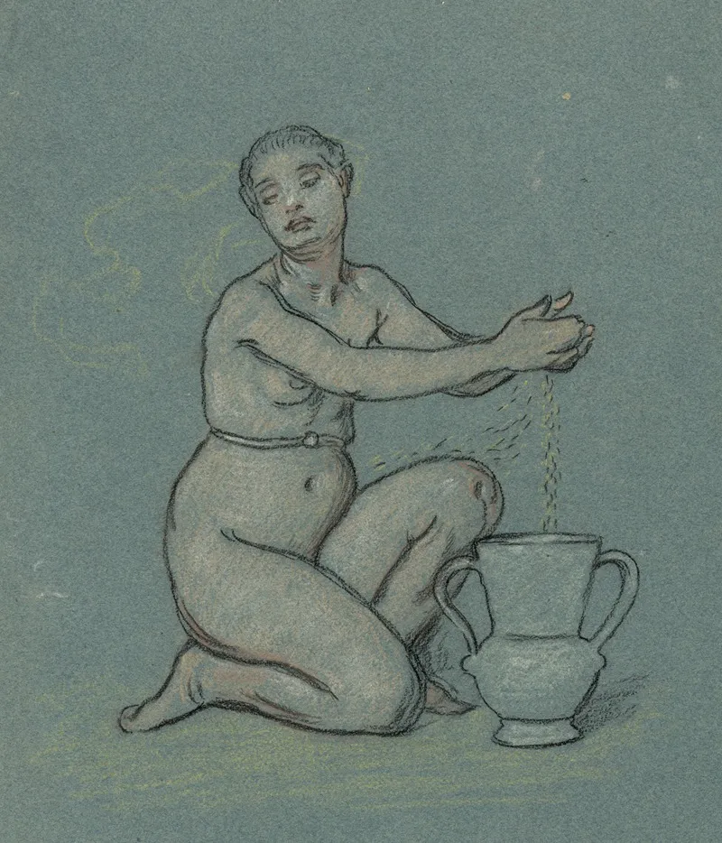 Nude Girl Winnowing Wheat Into Urn