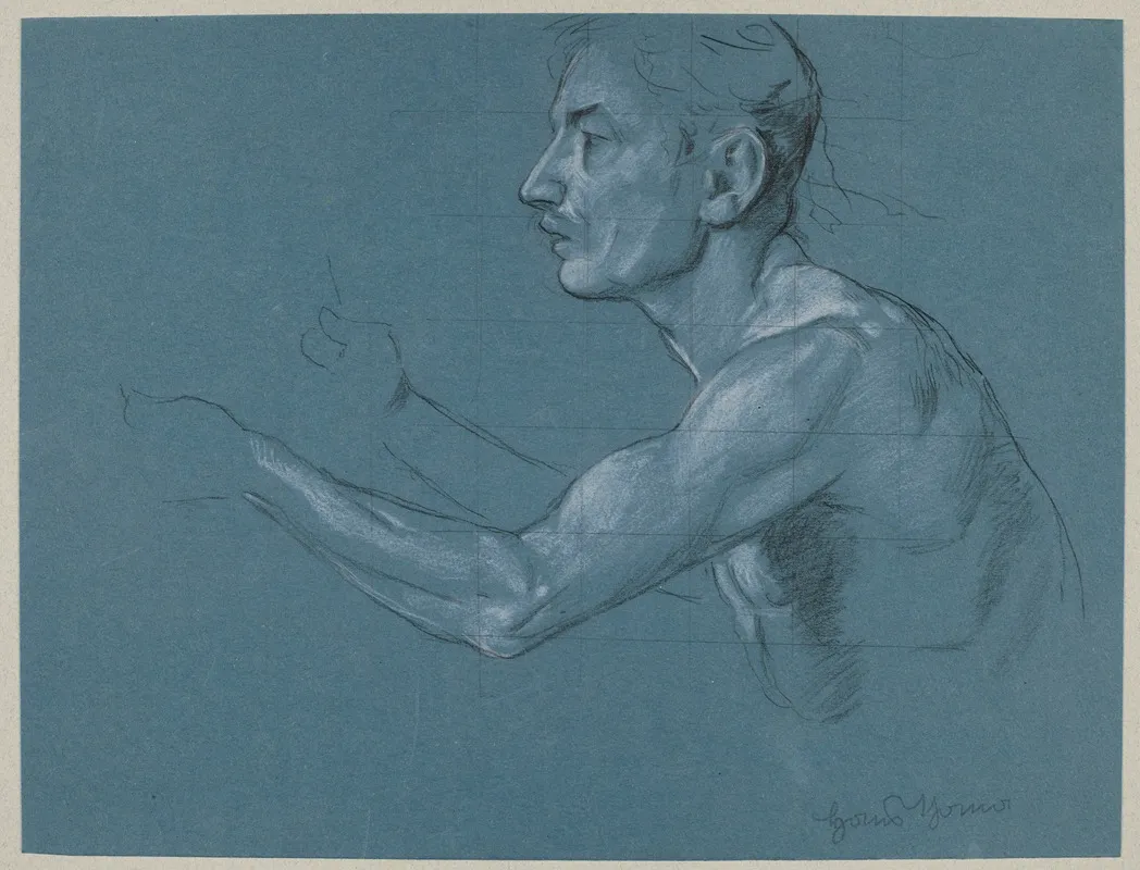 Nude Male In Half Length Portrait With His Hands Stretched Forward Wall Art by Hans Thoma - High-Resolution Digital Print