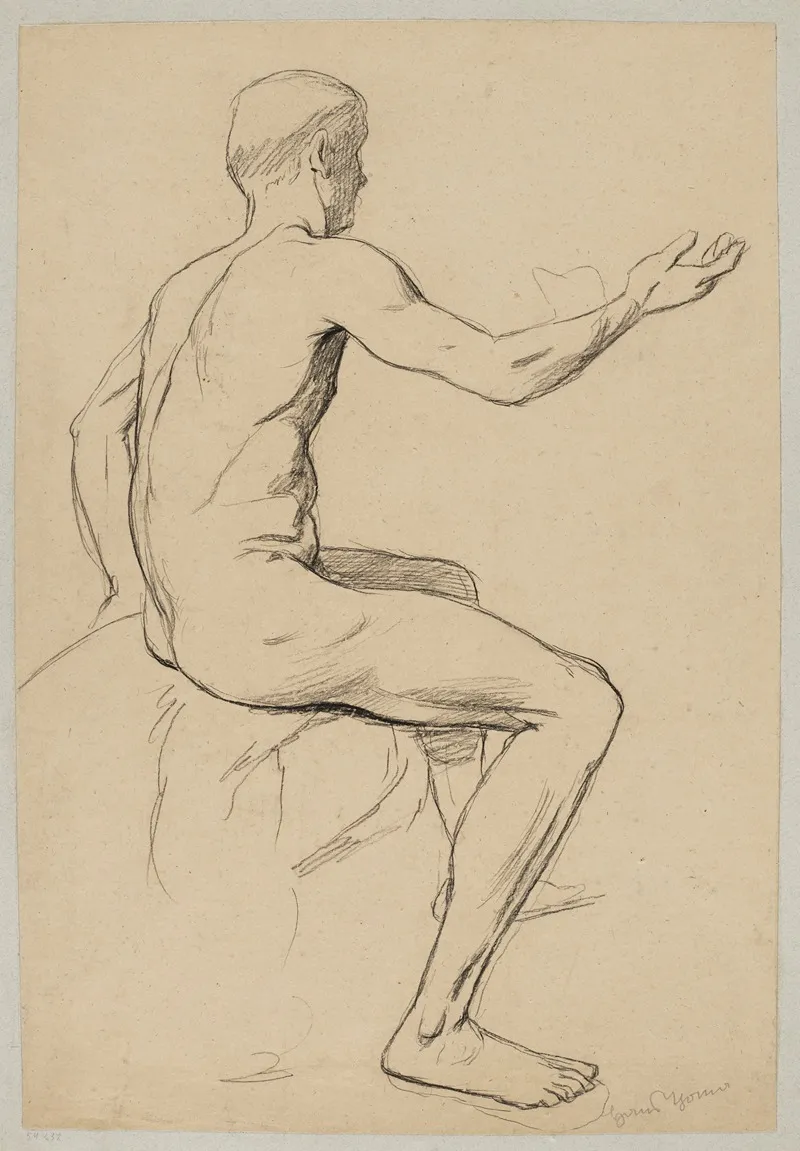 Nude Male Sitting With His Right Hand Extended Shown In Profile