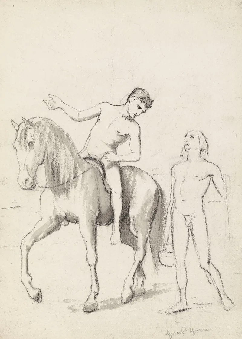 Nude Man Riding A Horse Leaning Over An Accompanying Him Nude Young Man With A Basket