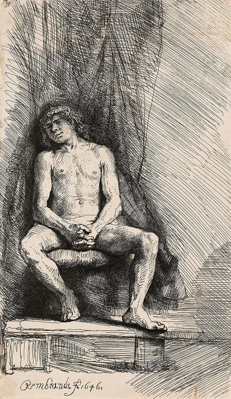 Nude Man Seated Before A Curtain Wall Art by Rembrandt van Rijn - High-Resolution Digital Print