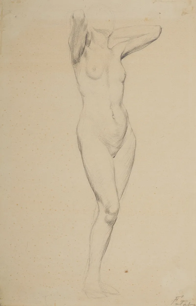 Nude Of A Standing Woman With Her Arms Clasped Behind Her Head Wall Art by Julian Falat - High-Resolution Digital Print