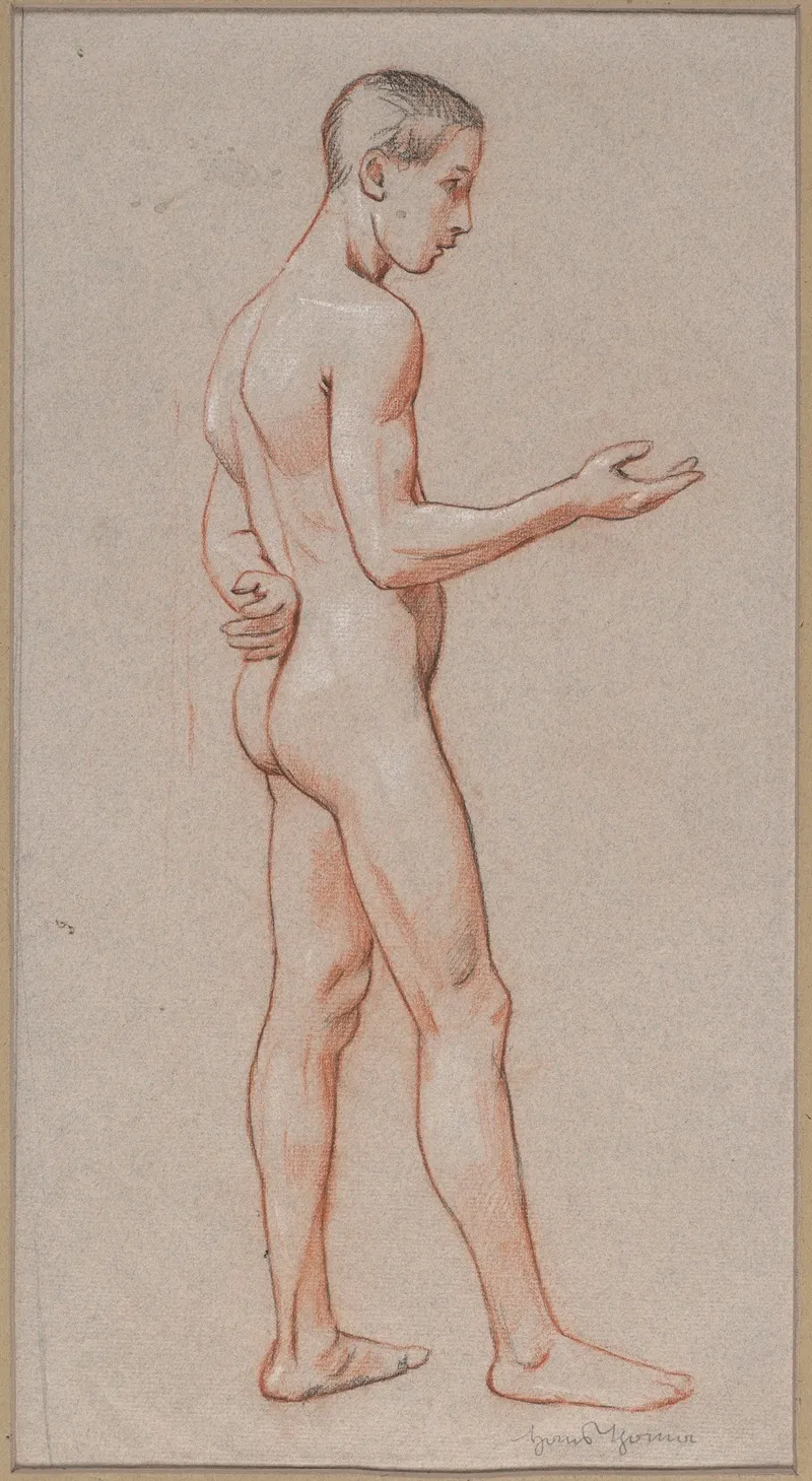 Nude Of A Young Man With An Outstretched Hand Depicted In Profile Standing Wall Art by Hans Thoma - High-Resolution Digital Print