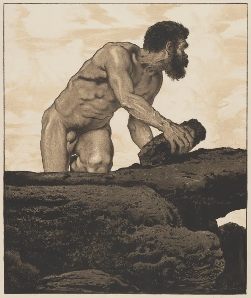 Nude Of An Old Man Kneeling On A Rock With A Boulder In His Hand Wall Art by Georg Lührig - High-Resolution Digital Print