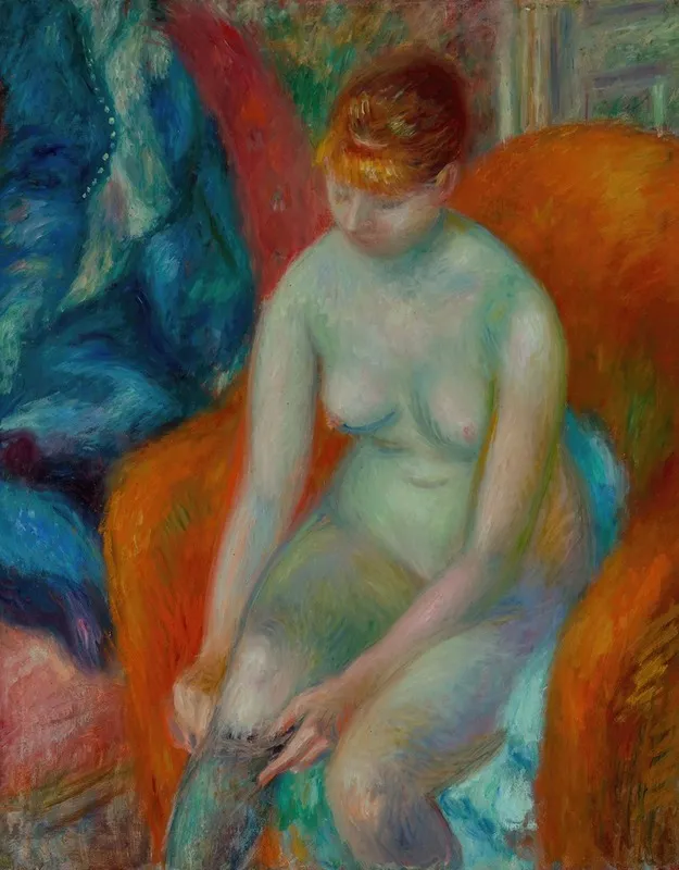 Nude Pulling On Stocking Nude With Red Hair Wall Art by William James Glackens - High-Resolution Digital Print