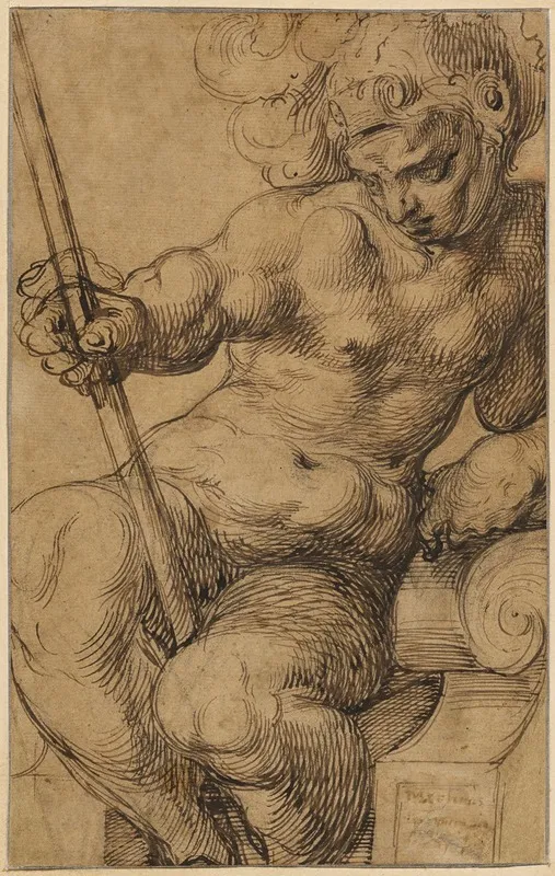 Nude Warrior Mars Leaning Over A Volute Wall Art by Toussaint Dubreuil - High-Resolution Digital Print