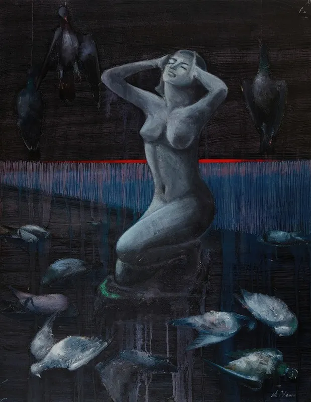 Nude Woman With Pigeons Wall Art by Shigeru Yama - High-Resolution Digital Print
