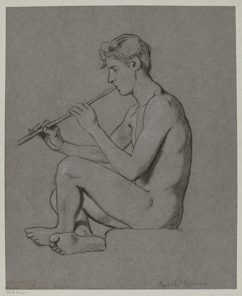Nude Young Male Playing The Flute