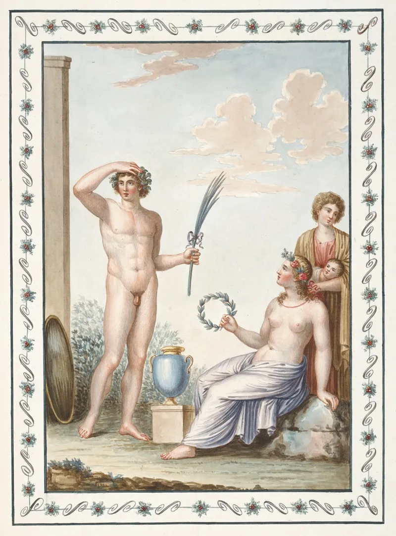 Nude Youth Holding Palm Branch Partially Nude Woman Holding Wreath Wall Art by Pierre-Jean Mariette - High-Resolution Digital Print