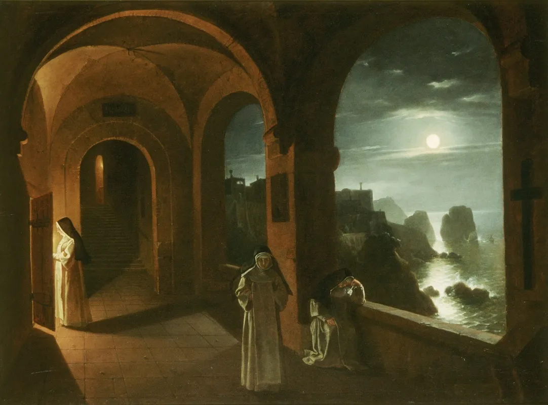 Nuns In The Certosa Cloister Overlooking A Moonlit Sea Towards The Faraglioni Capri