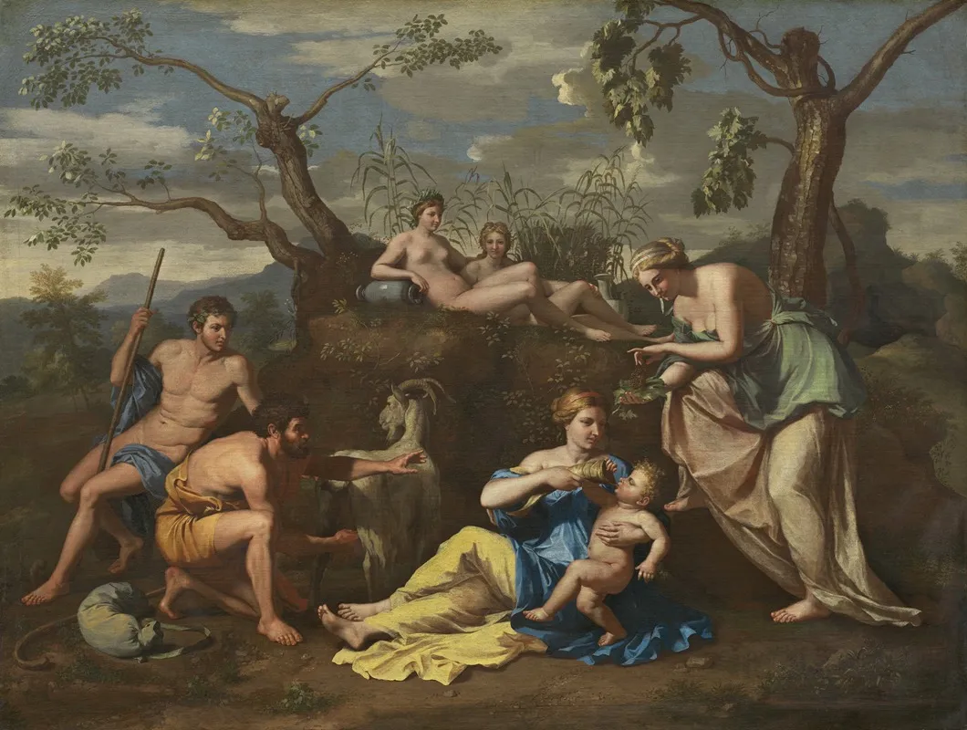 Nymphs Feeding The Child Jupiter Wall Art by Follower of Nicolas Poussin - High-Resolution Digital Print