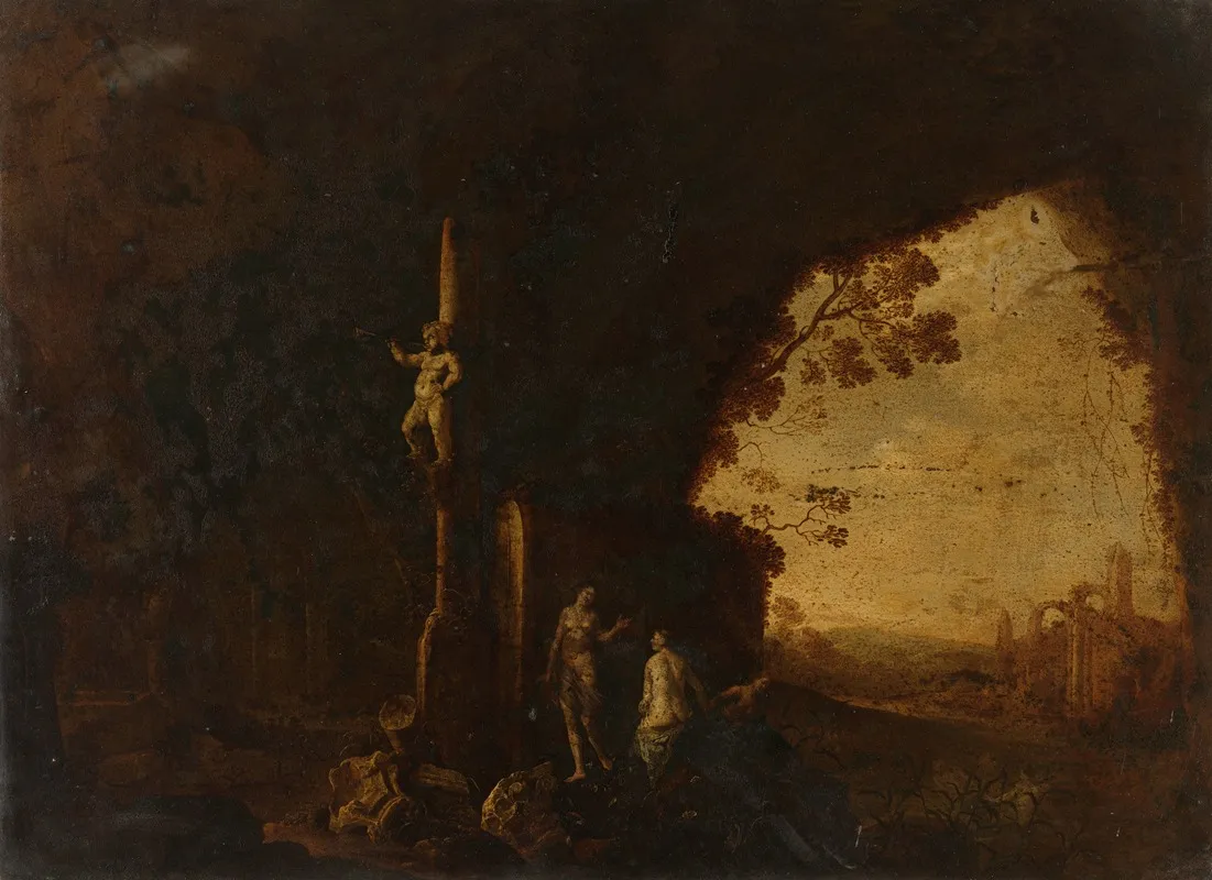 Nymphs In A Cave With Antique Ruins Wall Art by Petrus van Hattich - High-Resolution Digital Print