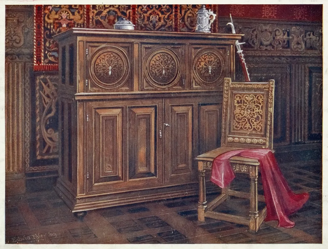 Oak Cabinet With Circular Convex Panels Walnut Chair Chaise Sans Bras With Interlaced Floral Ornament On The Back Wall Art by Edwin Foley - High-Resolution Digital Print