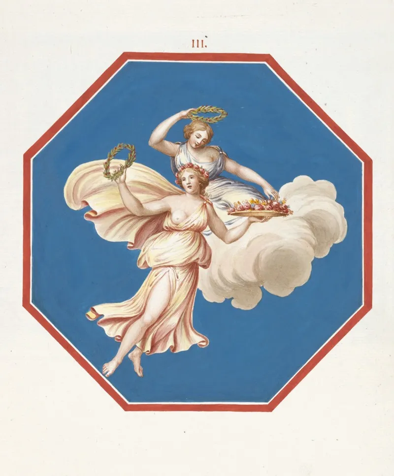 Octagonal Painting Of Two Women Riding A Cloud And Holding Wreaths And Flowers Wall Art by Pierre-Jean Mariette - High-Resolution Digital Print