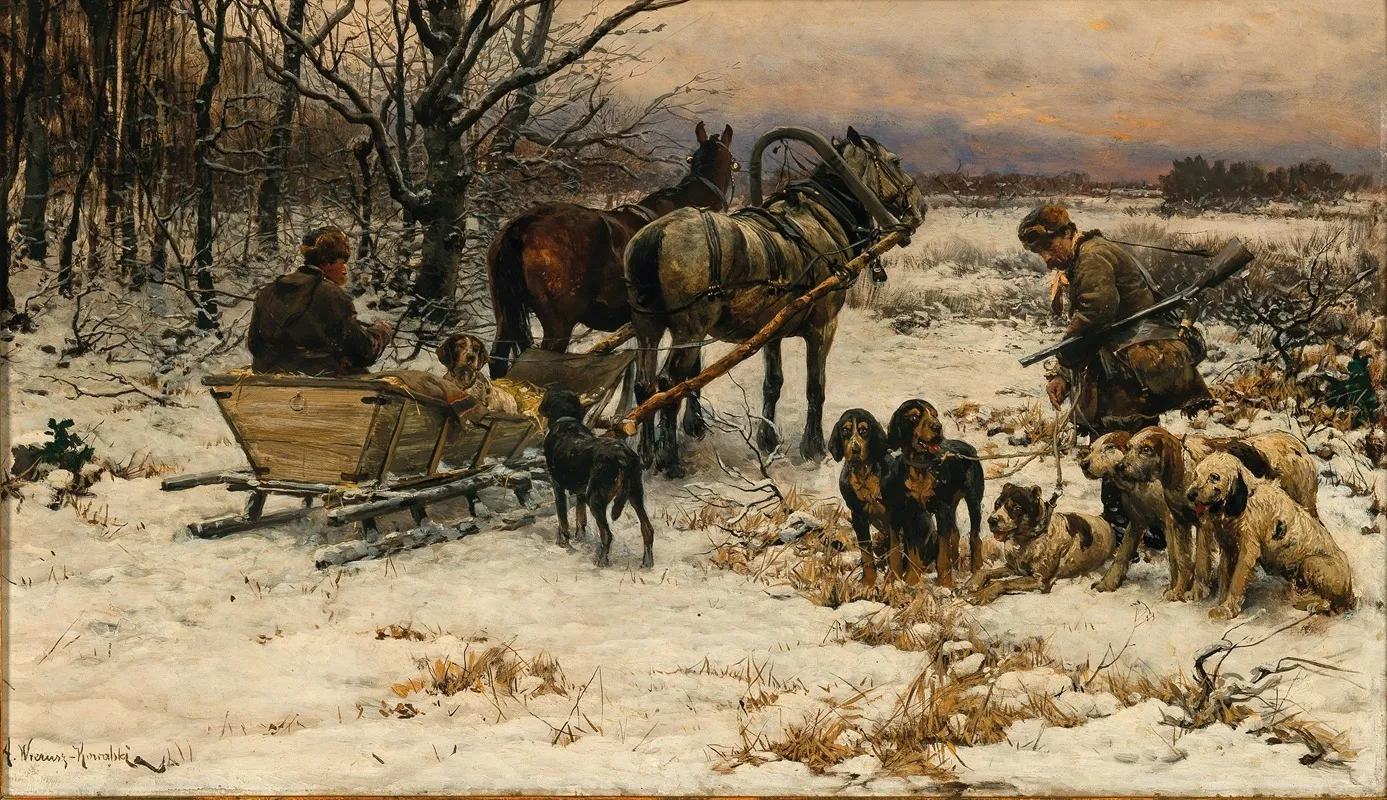 Off To The Winter Hunt Wall Art by Alfred von Wierusz-Kowalski - High-Resolution Digital Print
