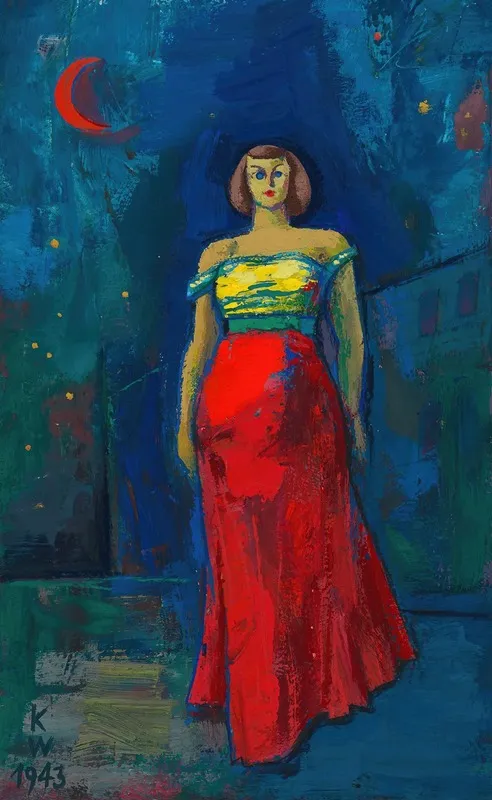 Ohne Titel Frau In Gelb Rotem Kleid
