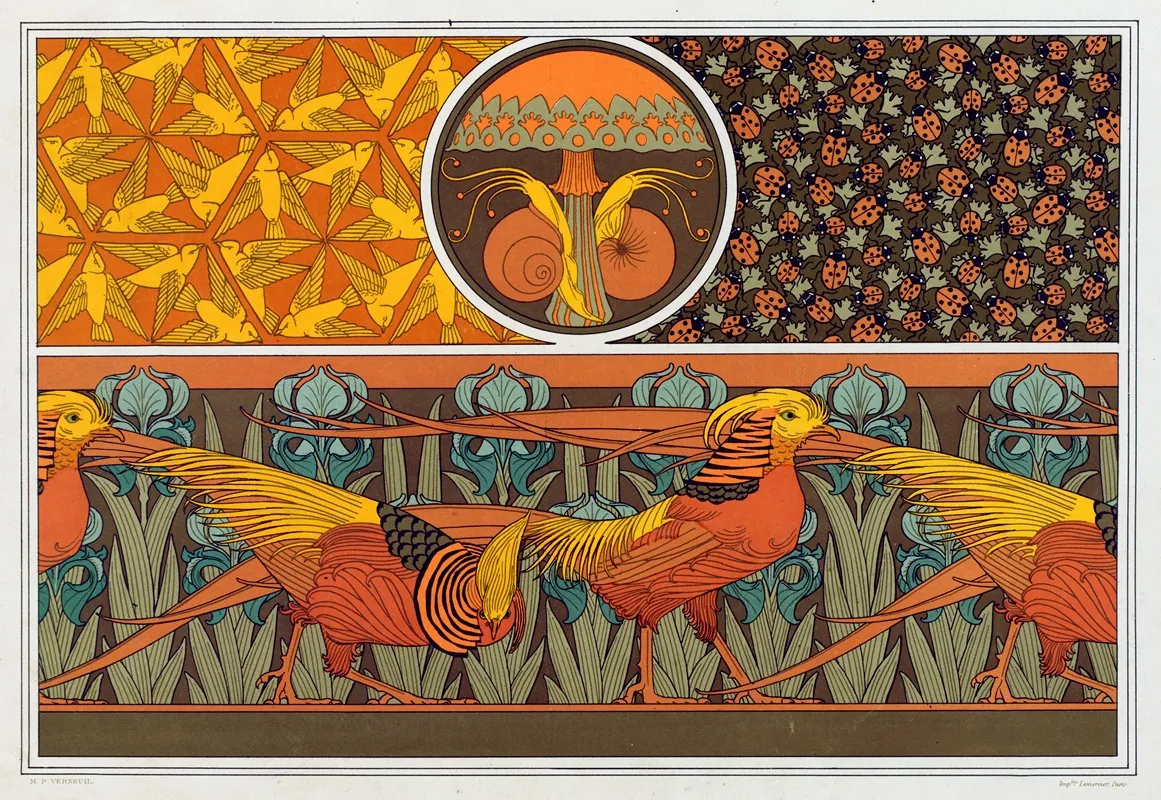 Oiseaux Jeu De Fond Escargots Et Champignon Coccinelles Et Capillaires Etoffe Faisan Dores Et Iris Bordure Wall Art by Maurice Pillard Verneuil - High-Resolution Digital Print