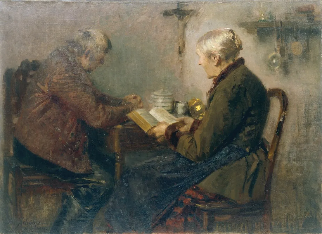 Old Farm Couple At Table Wall Art by Auguste Schepp - High-Resolution Digital Print