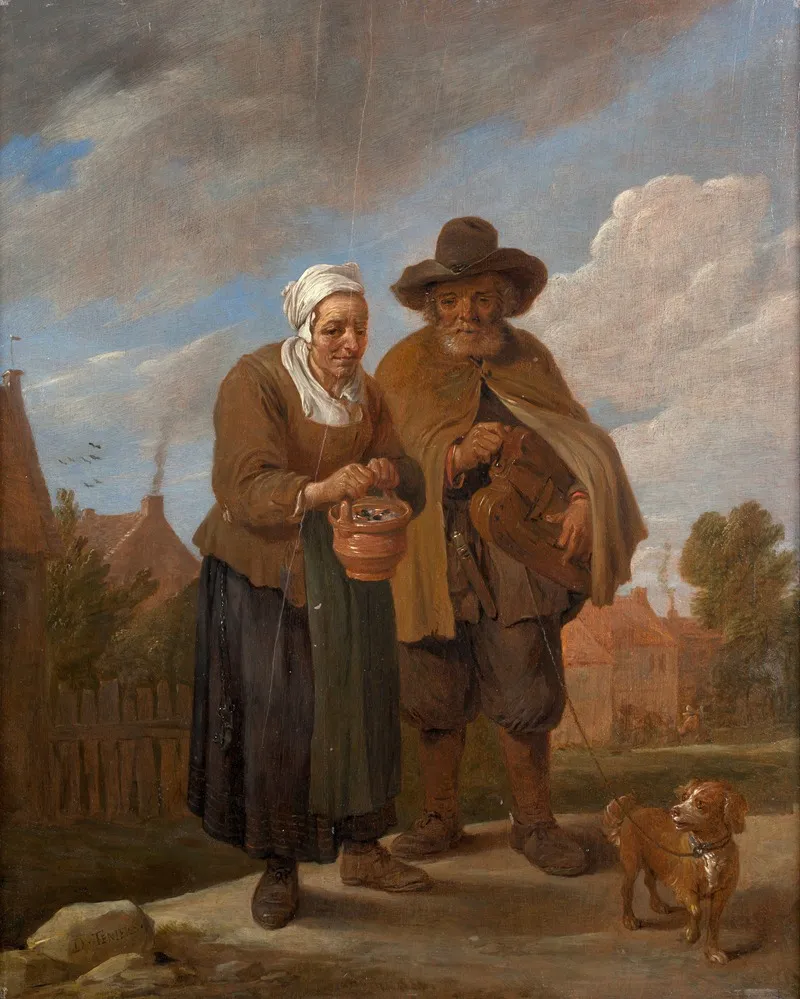 Old Lady Holding A Brazier And Hurdy Gurdy Player Wall Art by David Teniers - High-Resolution Digital Print