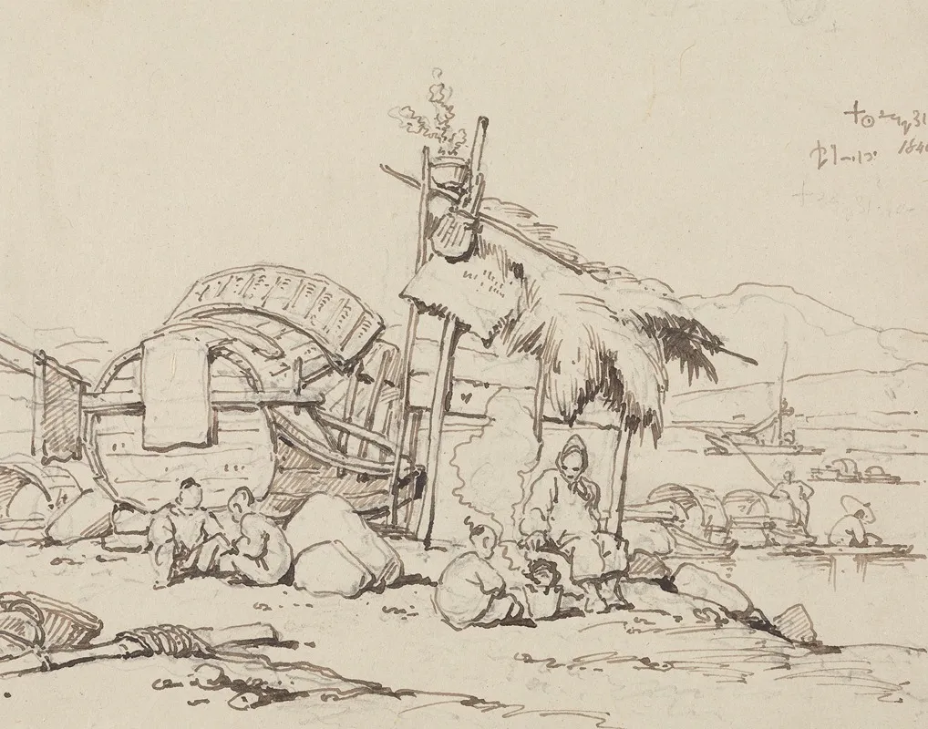 Old Man And Children Seated Cooking