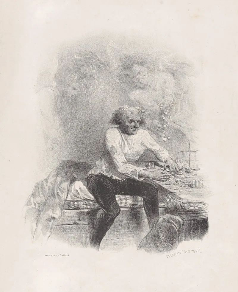 Old Man Counting Money At A Table With A Scale