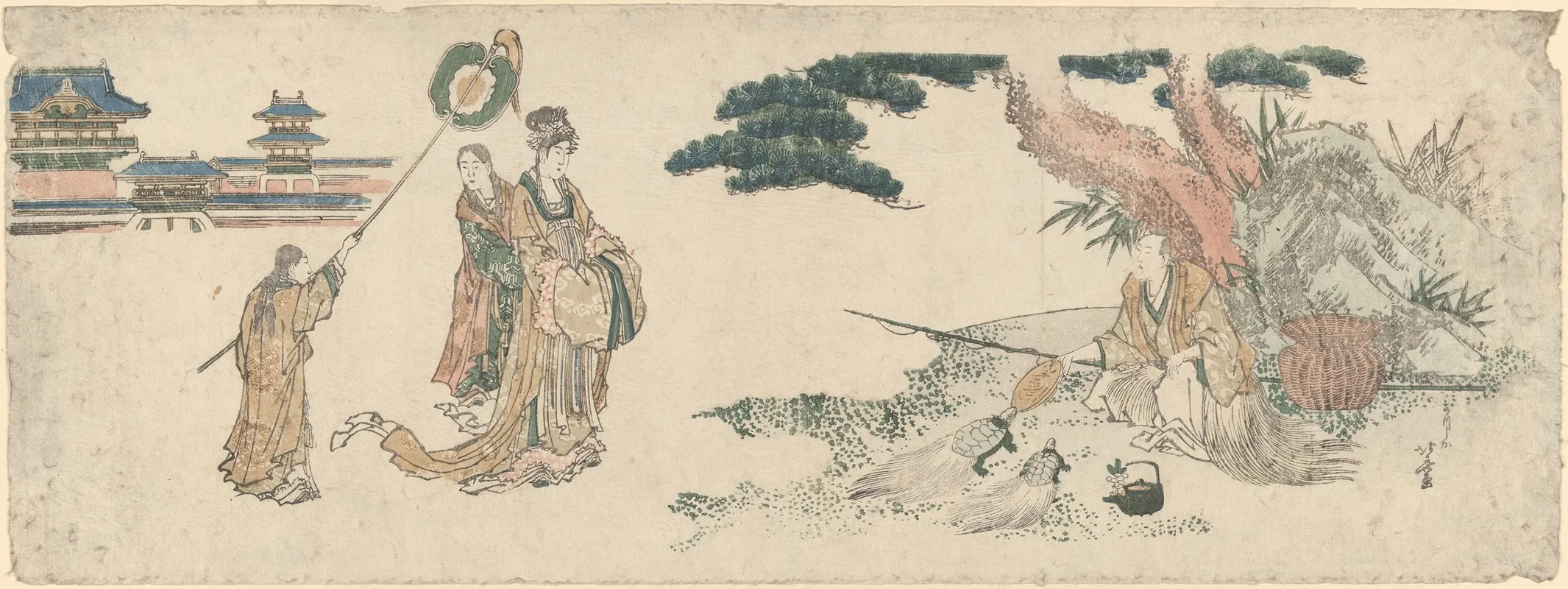 Old Man Feeding The Turtles Princes And Attendants Approaching Wall Art by Katsushika Hokusai - High-Resolution Digital Print