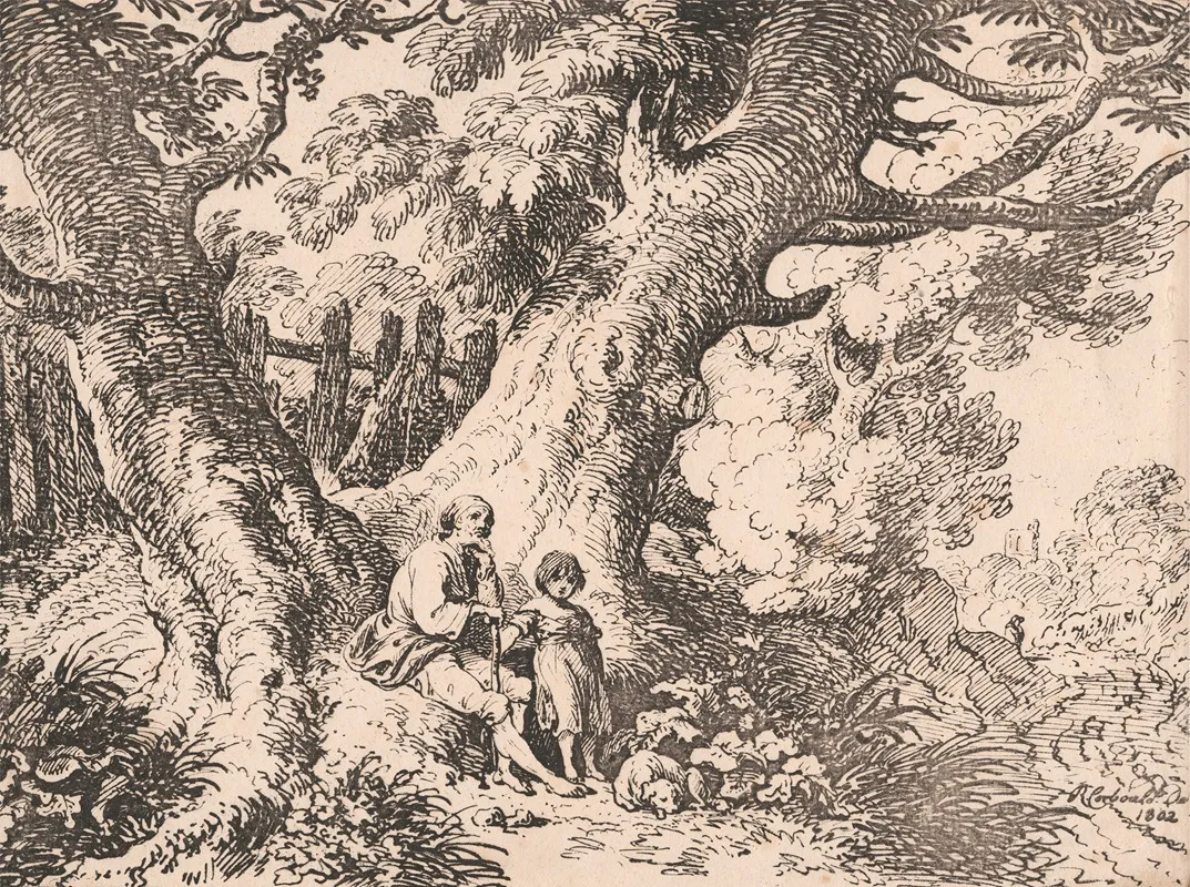 Old Trees With Old Man Child And Dog