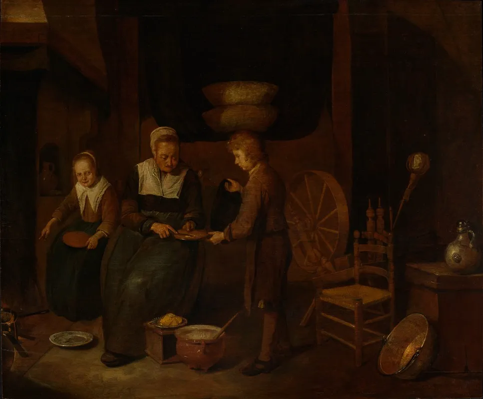 Old Woman Baking Pancakes With Two Children Wall Art by Quirijn Van Brekelenkam - High-Resolution Digital Print
