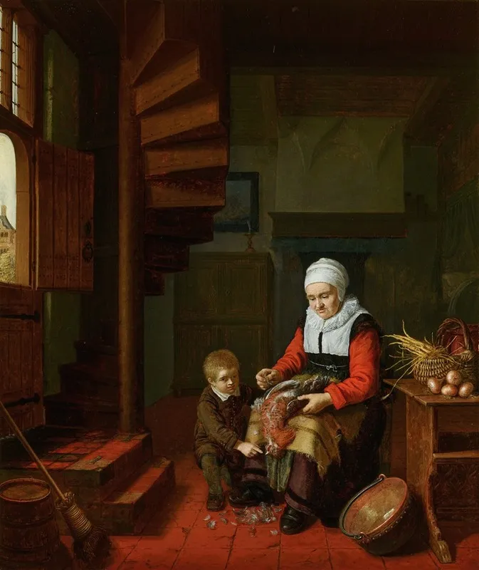 Old Woman Plucking A Cock Wall Art by Abraham de Pape - High-Resolution Digital Print