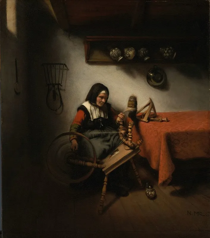 Old Woman Spinning Wall Art by Nicolaes Maes - High-Resolution Digital Print