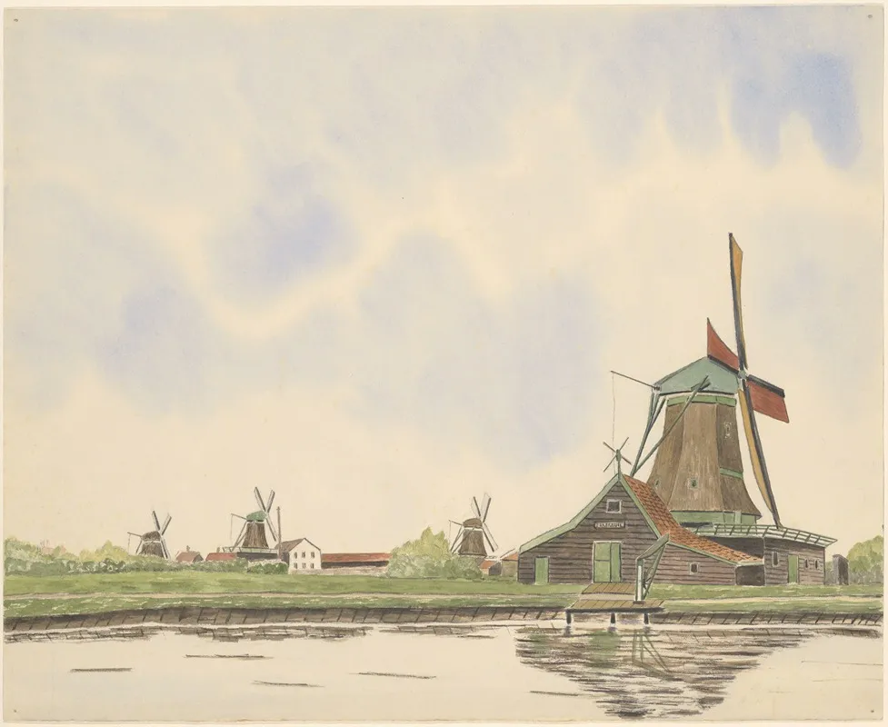 Oliemolen De Kerkuil Aan De Zaan Met Drie Molens Op De Achtergrond De Kerkuil Stond Binnendijks Tegenover De Wormerveerderkerk Afgebroken Ca 1892 Wall Art by Johannes Nicolaas Eijman - High-Resolution Digital Print