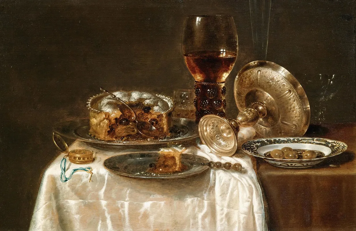 Olives In A Blue And White Porcelain Bowl A Roemer Wine Glasses An Overturned Silver Tazza And A Meat Pie Wall Art by Willem Claesz Heda - High-Resolution Digital Print