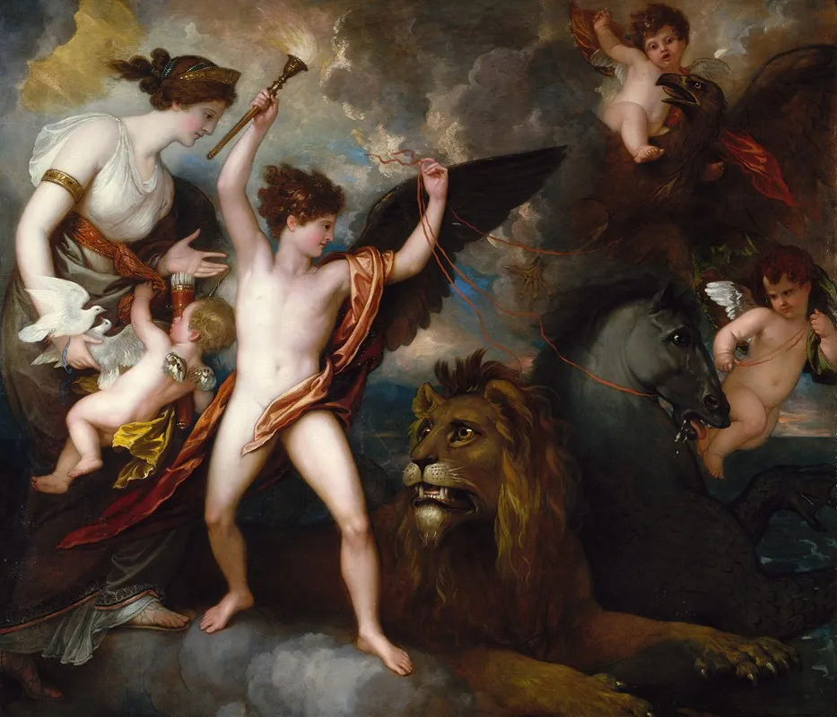 Omnia Vincit Amor Or The Power Of Love In The Three Elements Wall Art by Benjamin West - High-Resolution Digital Print