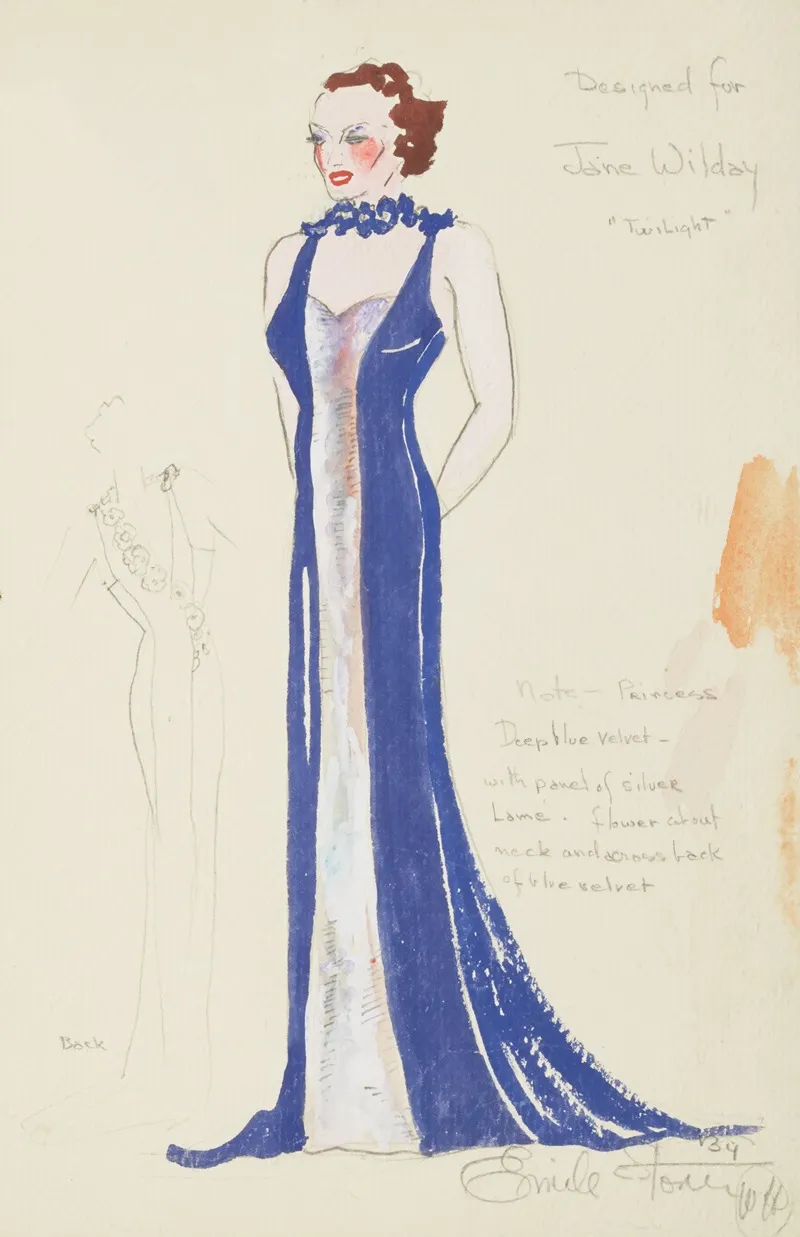 On Top Designed For Jane Wilday Twilight Blue Evening Gown With Silver Panel And Flowered Neck Wall Art by Emile Stoner - High-Resolution Digital Print