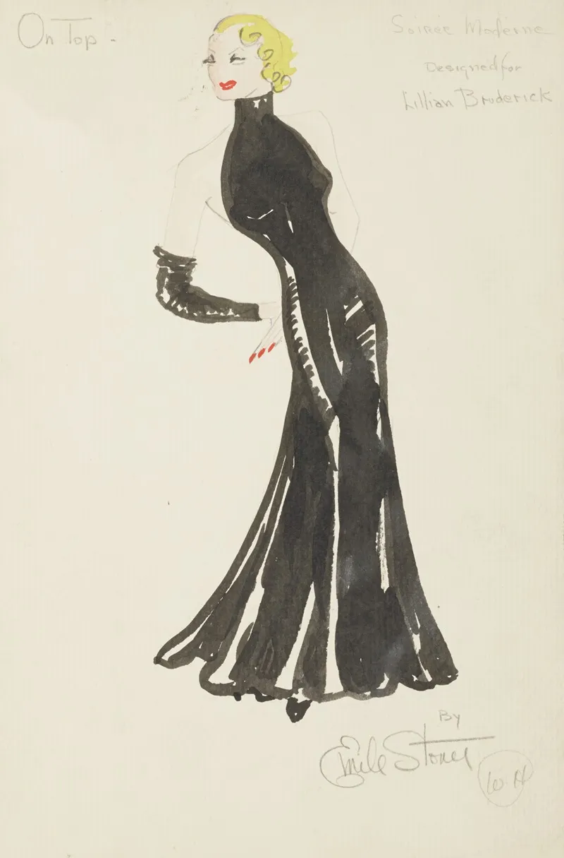On Top Designed For Lillian Broderick Black Evening Gown With High Neck And No Shoulders Wall Art by Emile Stoner - High-Resolution Digital Print