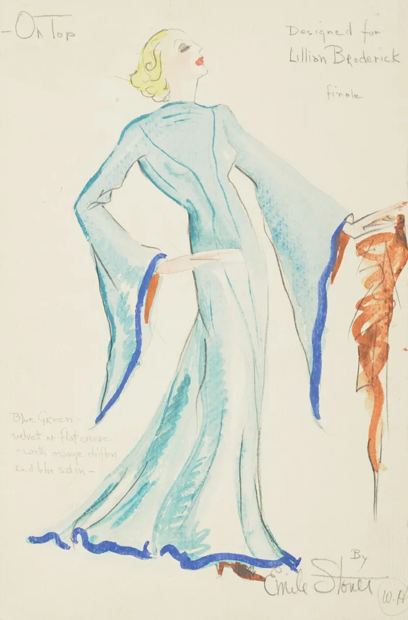 On Top Designed For Lillian Broderick Blue Gown With Trailing Sleeves And Orange Scarf Wall Art by Emile Stoner - High-Resolution Digital Print
