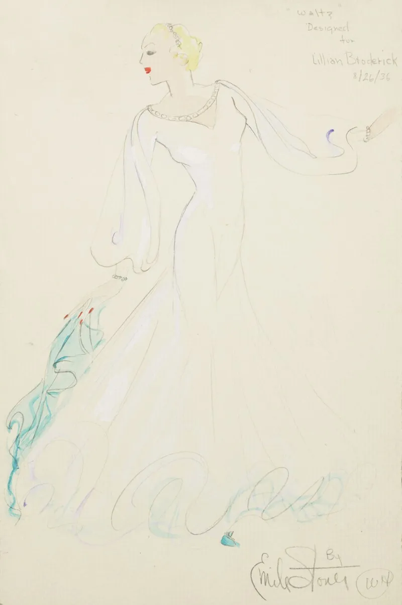 On Top Designed For Lillian Broderick White Gown With Bishop Sleeves And Blue Scarf Wall Art by Emile Stoner - High-Resolution Digital Print