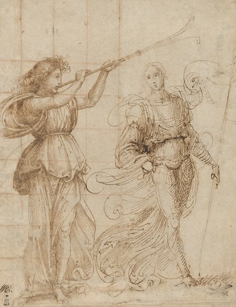 One Angel Blowing A Trumpet And Another Holding A Standard