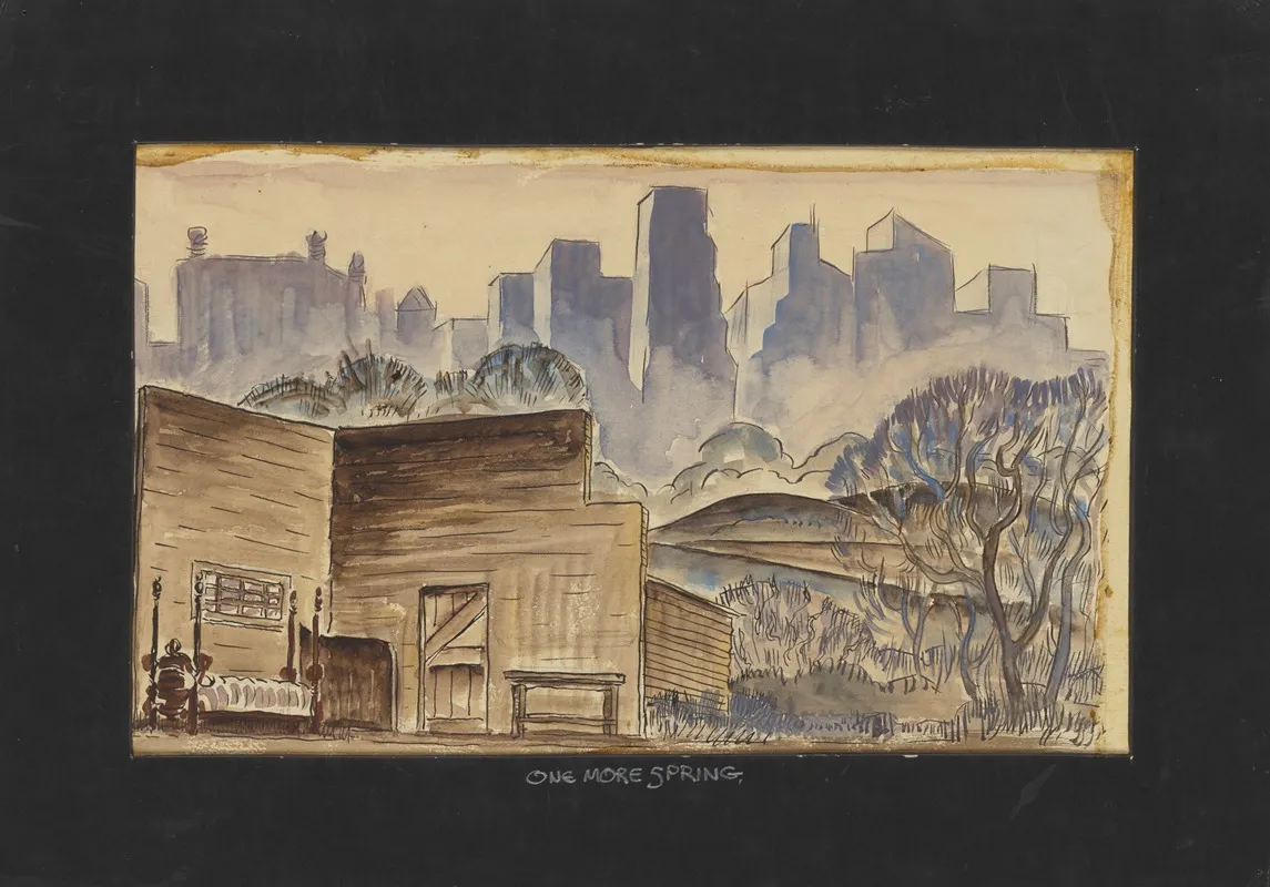 One More Spring Sketch No 1 Rustic Cabin Interior With Field And Skyscrapers In Background Wall Art by William Perkins - High-Resolution Digital Print