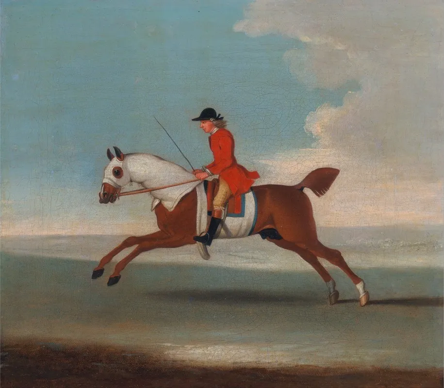 One Of Four Portraits Of Horses A Chestnut Racehorse Exercised By A Trainer In A Red Coat Gallopi