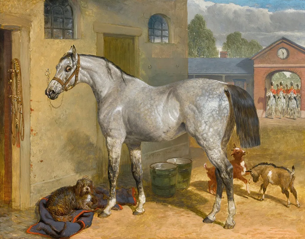 One Of The Scots Greys In A Yard With Dog And Goats Wall Art by John Frederick Herring Snr. - High-Resolution Digital Print