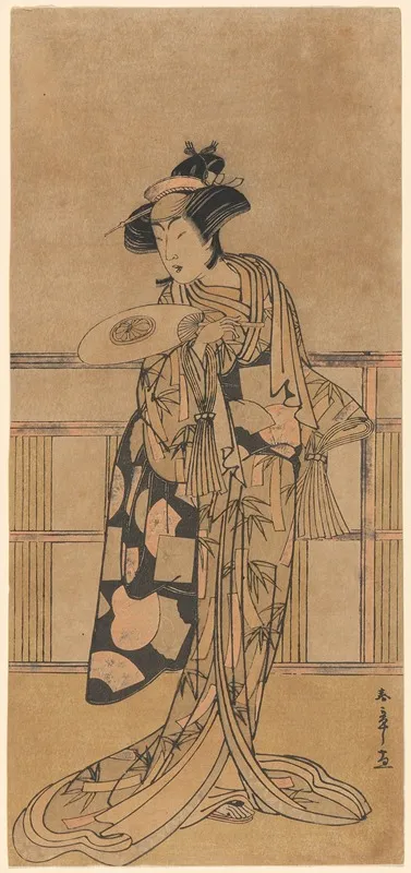 One Of The Segawas In A Bamboo Robe Tied With Black Brocaded In Rose Colored Fan Forms