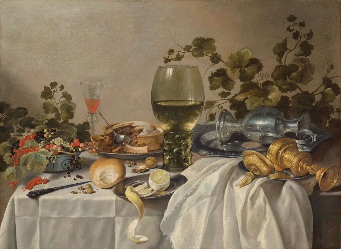 Ontbijt Of Silver And Glassware On A Draped Table With Vines Fruits And Baked Goods Wall Art by Pieter Claesz - High-Resolution Digital Print