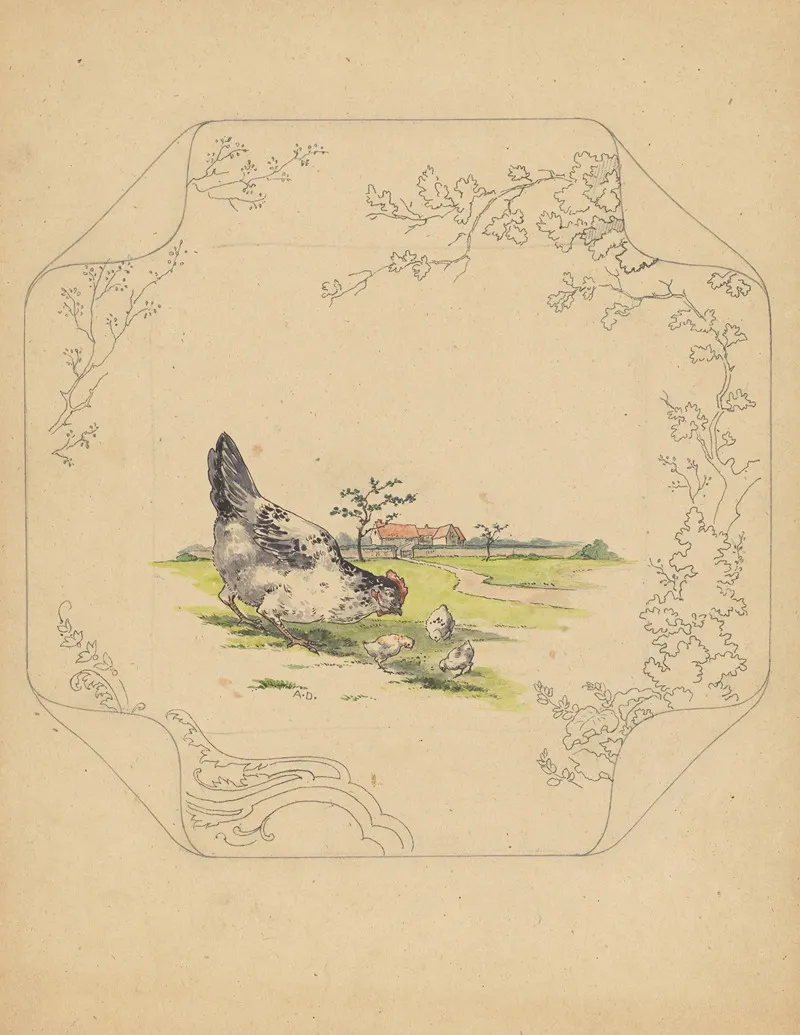 Ontwerp Voor Bord Van Het Model Square Met Een Hen En Drie Kuikens Wall Art by Albert Louis Dammouse - High-Resolution Digital Print