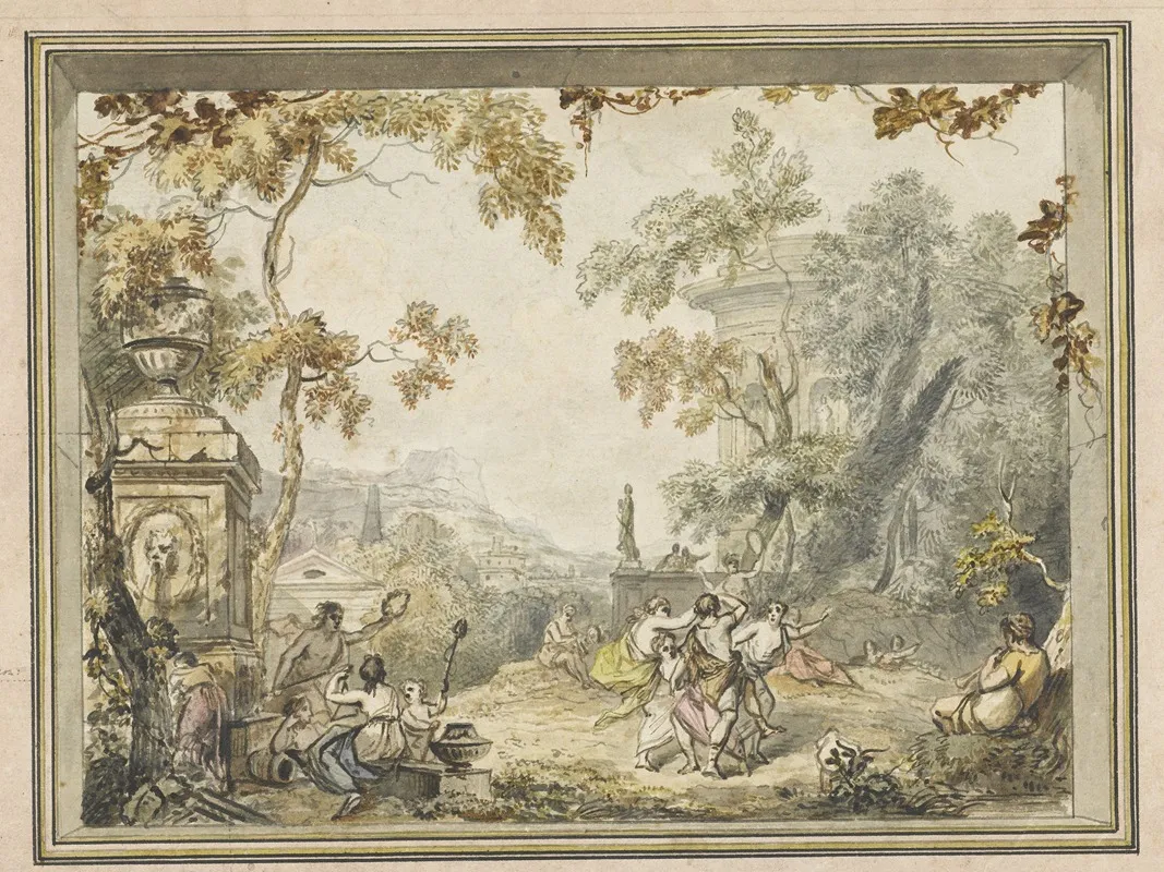 Ontwerp Voor Een Kamerbeschildering Idyllisch Arcadisch Landschap Met Klassieke Gebouwen