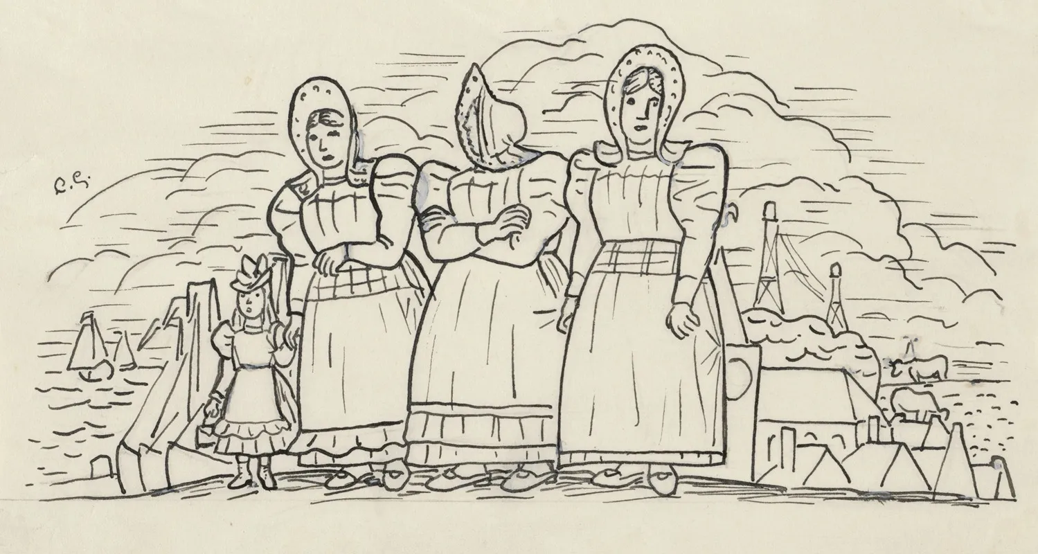 Ontwerp Voor Een Vignet Voor Het Maandblad Voor Beeldende Kunsten Drie Vissersvrouwen En Een Meisje