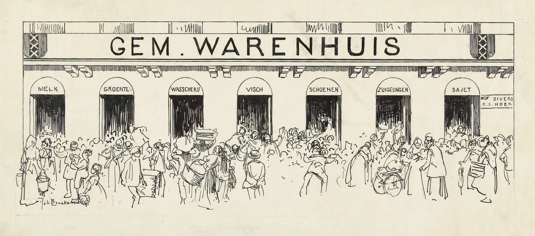Ontwerp Voor Illustratie In De Amsterdammer Drommen Mensen Voor Het Gem Warenhuis