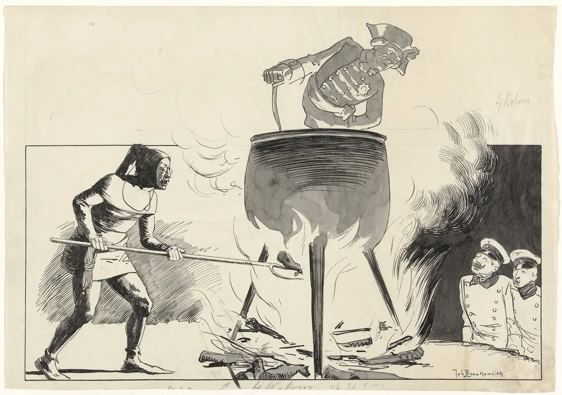 Ontwerp Voor Illustratie In De Amsterdammer Een Man In Een Ketel Met Stoker En Toekijkers
